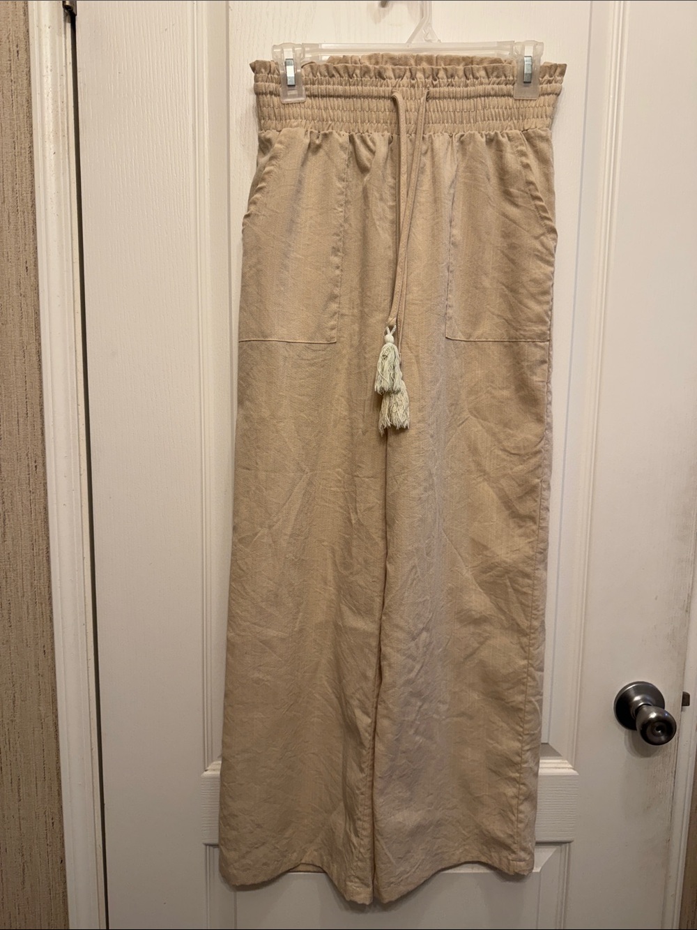 Beige Wide-Leg Drawstring Tassel Pants